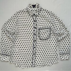 Cape Madras Sheer Polka Dot Button Up Blouse White Navy Blue Medium